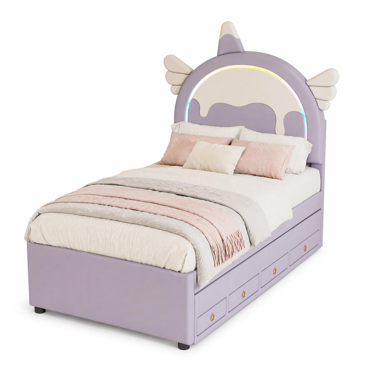 KINDERBETT 90/200 cm in Violett mit Ausziehbett und Schubladen, Einhorn-Design - Lila, Holzwerkstoff/Textil (90/200cm) - CHICFURN