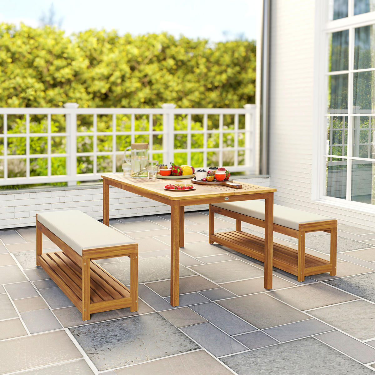 GARTENMÖBEL-SET 3-teilig DE-09824 mit Schirmloch und 2 Bänken Teak - Teakfarben, Holz - ComfortXL