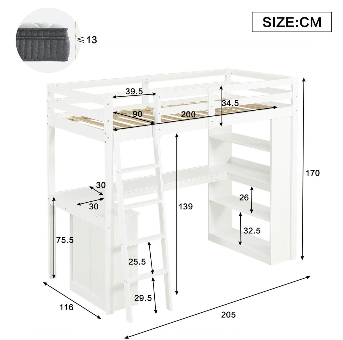 HOCHBETT 90/200 cm mit Ablageregal, Filztuch, Ecktischplatte und Sicherheitsgeländer, Weiß - Weiß, Holzwerkstoff (90/200cm) - Redom