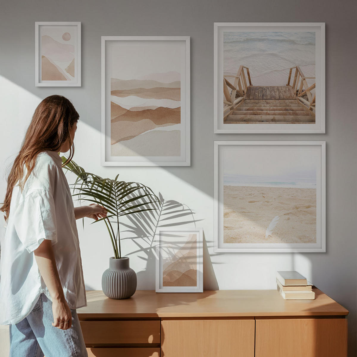 WANDBILDER 5er-Set - 50x50 cm & 20x30 cm & 40x60 cm Weißer Rahmen - Abstrakte braune Landschaften - Weiß, Kunststoff (40/60cm) - ArtPrintCave