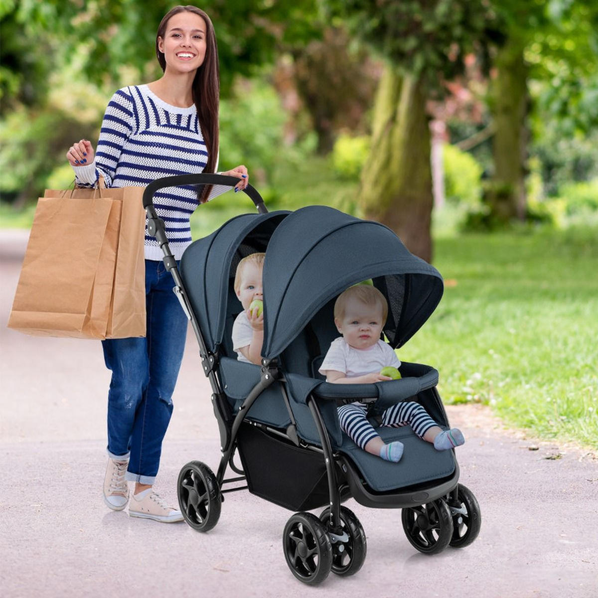 GESCHWISTERWAGEN klappbar blau - Blau, Metall (57/123/95cm) - COSTWAY