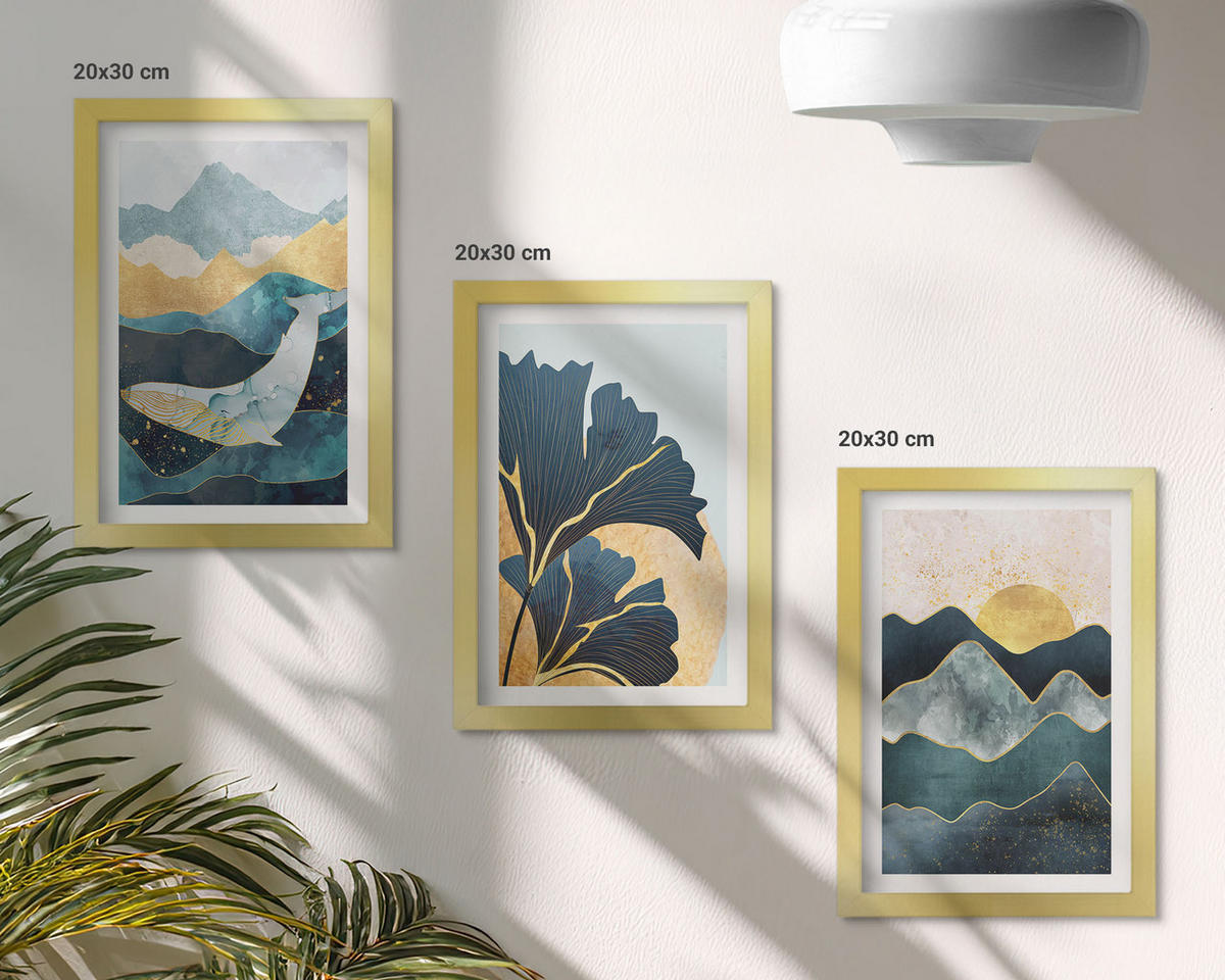 BILDER SET 3er Set - 20x30 cm Goldrahmen - Abstrakte Bergansichten - Goldfarben, Kunststoff (20/30cm) - TULUP