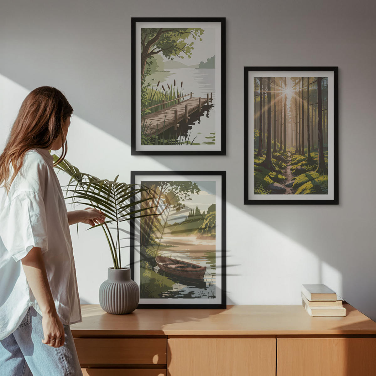 BILDER SET 3er Set - 40x60 cm Schwarzer Rahmen - Landschaft aus Wald, See und Boot - Schwarz, Kunststoff (40/60cm) - TULUP