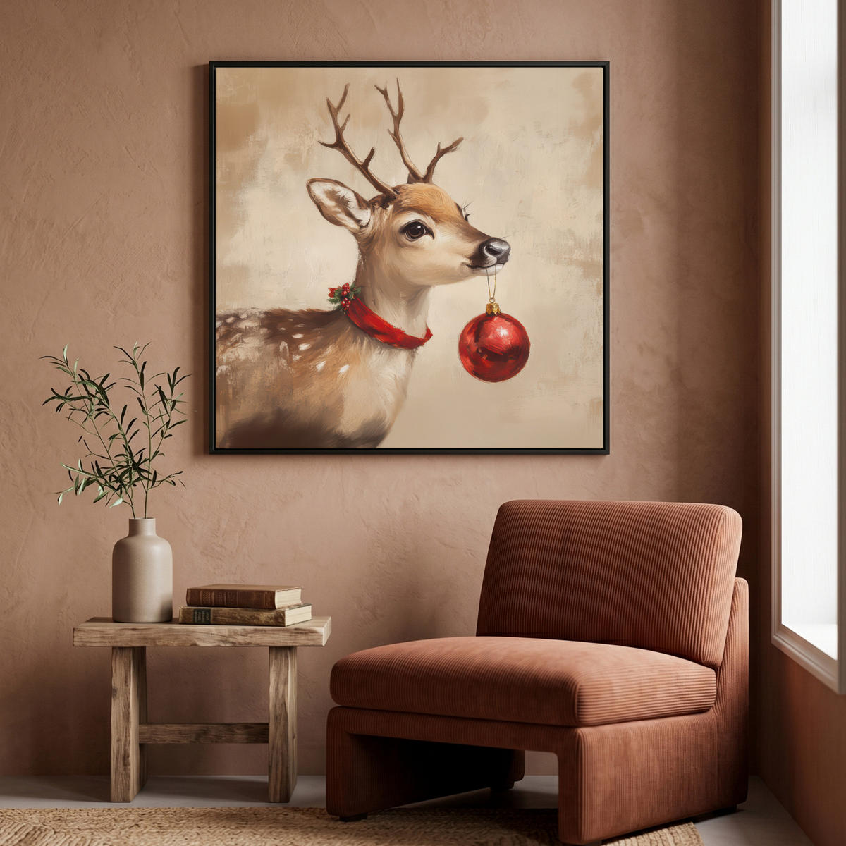 LEINWAND Bilder mit Rahmen - Weihnachten - Hirsch - Geweih - Weihnachtskugel - Rentier - 90x90 - Hellbraun, Textil (90/90cm) - MuchoWow