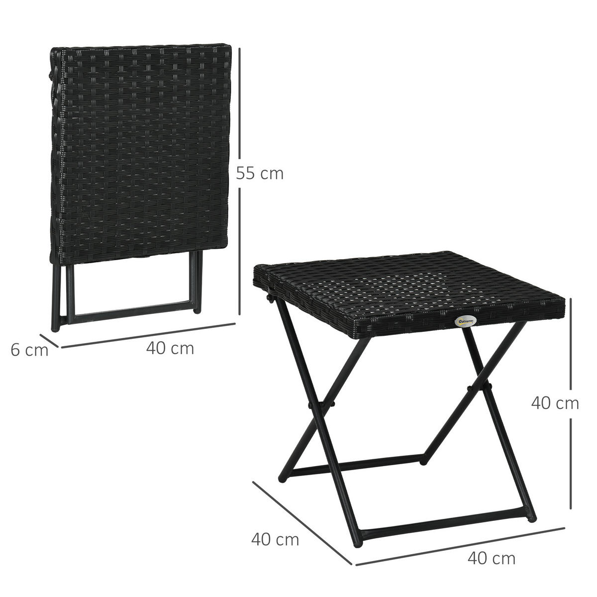 GARTENKLAPPTISCH, Schwarz, Stahl, PE-Rattan - Schwarz, Kunststoff (40/40/40cm) - Outsunny
