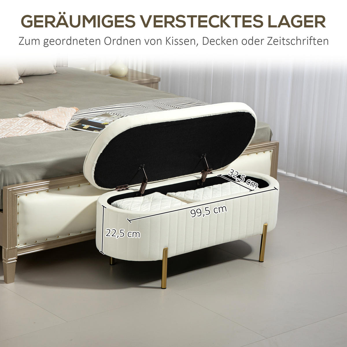 SITZBANK Polyester Metall Cremeweiß - Goldfarben/Creme, Textil/Metall (44/43.5/108cm) - HOMCOM