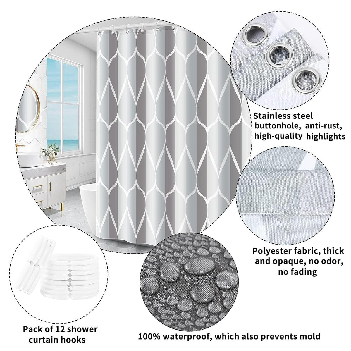 DUSCHVORHANG Polyester antibakteriell schimmelresistent wasserdicht mit Ringen und Verschluss - Grau, Textil (180/180cm) - MCBOSON