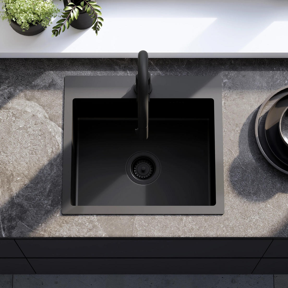 EDELSTAHLSPÜLE Rea Leo 50 Black mit Küchenarmatur - Schwarz, Metall (45/18.5/50cm) - REA