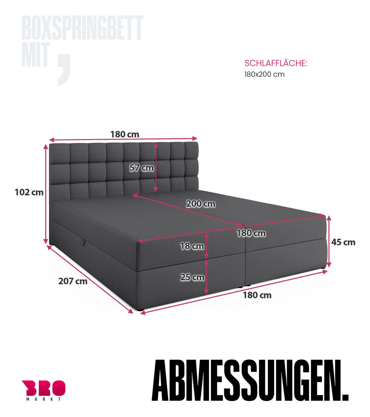 BOXBETT Dakota mit Topper 180/200 Dunkelgrau - Dunkelgrau, Textil (180/200cm) - Bromarkt