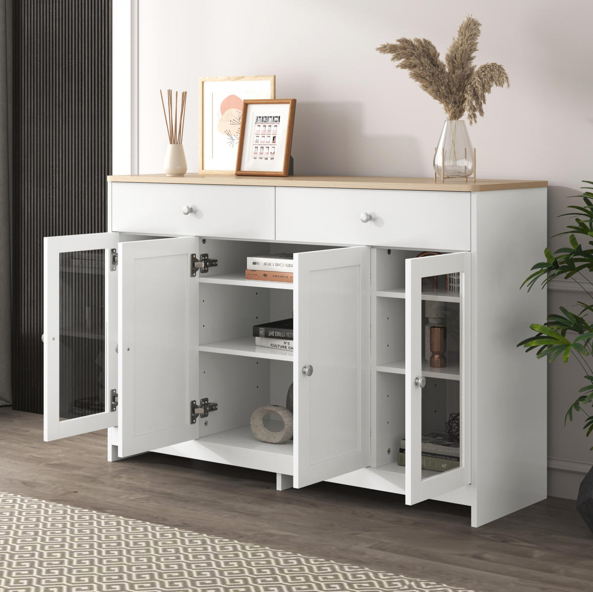 SIDEBOARD mit 2 Schubladen, 4 Türen, verstellbaren Regalböden, holzfarbene Oberseite und weiße Seiten, 120/37/80 cm, Holzfarbe und Weiß - Weiß, Holzwerkstoff (120/80/37cm) - Redom