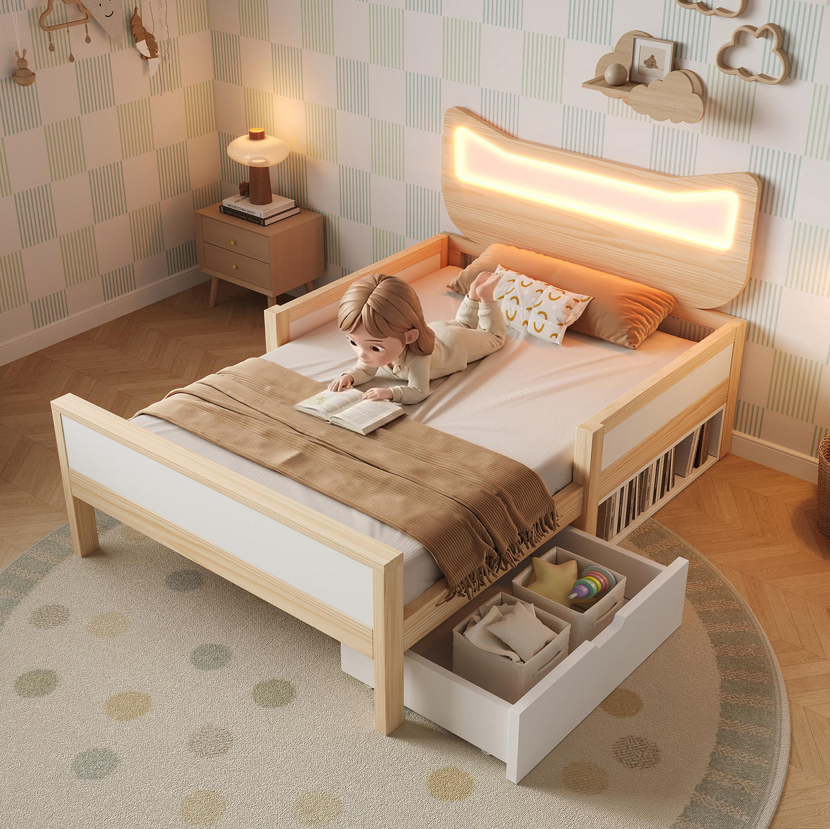 KINDERBETT 90/200 cm weiß/eiche aus Holz mit LED-Katzenkopfteil und Stauraum - Eichefarben, Holzwerkstoff (90/200cm) - OKWISH