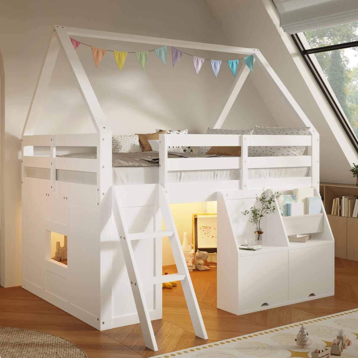 HOCHBETT aus MDF und Kiefernholz 140x200 cm Weiß mit Treppe, LED-Beleuchtung und Stauraum - Weiß, Holz (140/200cm) - IVMEU