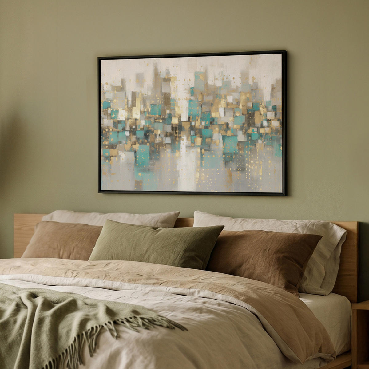 LEINWAND Bilder mit Rahmen - Abstrakt - Blöcke - Gold - Skyline - 80x60 - Beige, Textil (80/60cm) - MuchoWow