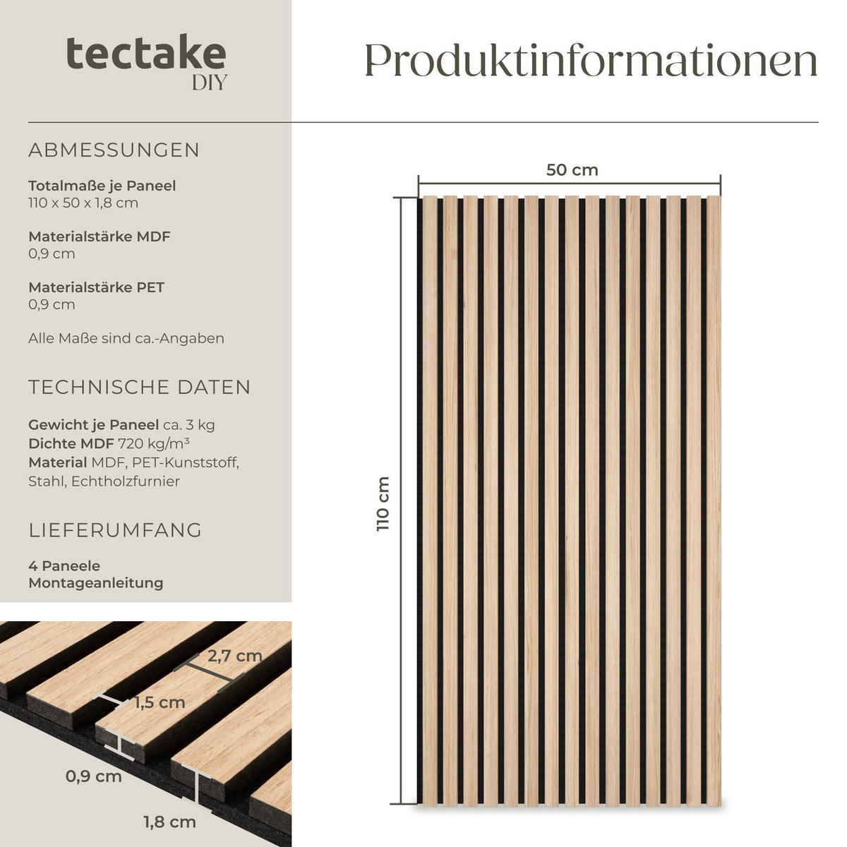 AKUSTIKPANEELE 4er Set Sonic Wall II Holzoptik Echtholzfurnier Eiche hell Größe flexibel anpassbar - Eichefarben, Holz (50/1.8/110cm) - tectake