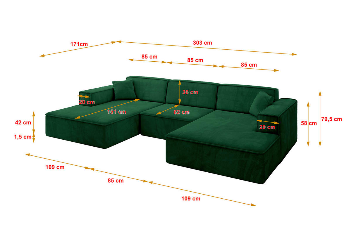 WOHNLANDSCHAFT IREA-U1-v4 - 303x171x79 cm Grün - Grün, Holzwerkstoff/Textil (303/79/171cm) - ALTDECOR