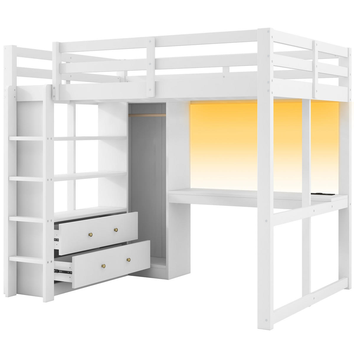 HOCHBETT 140/200 cm, weiß, mit Schreibtisch, 2 Schubladen, Regalen, LED und USB - Weiß, Holz (140/200cm) - MIVRAY