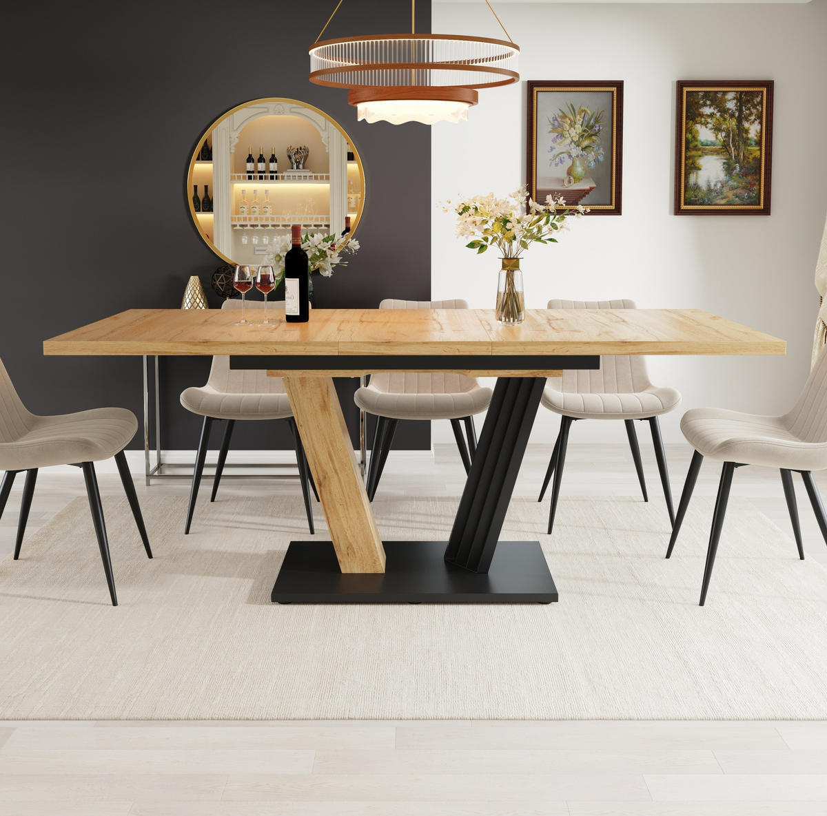 AUSZIEHTISCH aus MDF und Metall 120(160)x80x76 cm Holzoptik mit höhenverstellbaren Füßen und flügelförmigen Beinen - Naturfarben, Holzwerkstoff (120/80/76cm) - Modfu
