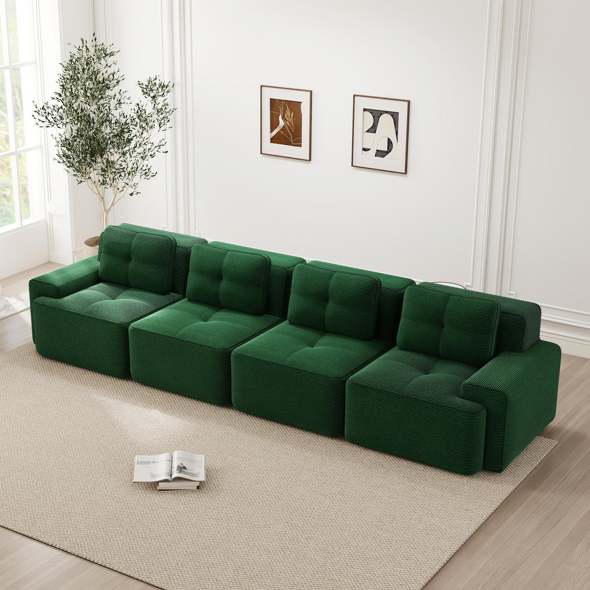 4-SITZER SOFA Cord Grün rutschfest und modular - Grün, Textil (382/69/104cm) - WISHDOR