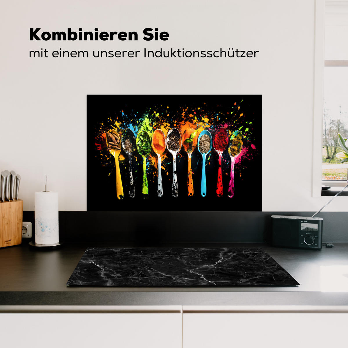 SPRITZSCHUTZ KÜCHE Löffel - Gewürze - Modern - Graffiti - Farbe - Farbenfroh 70x50 cm - Multicolor, Metall (70/0.3/50cm) - MuchoWow
