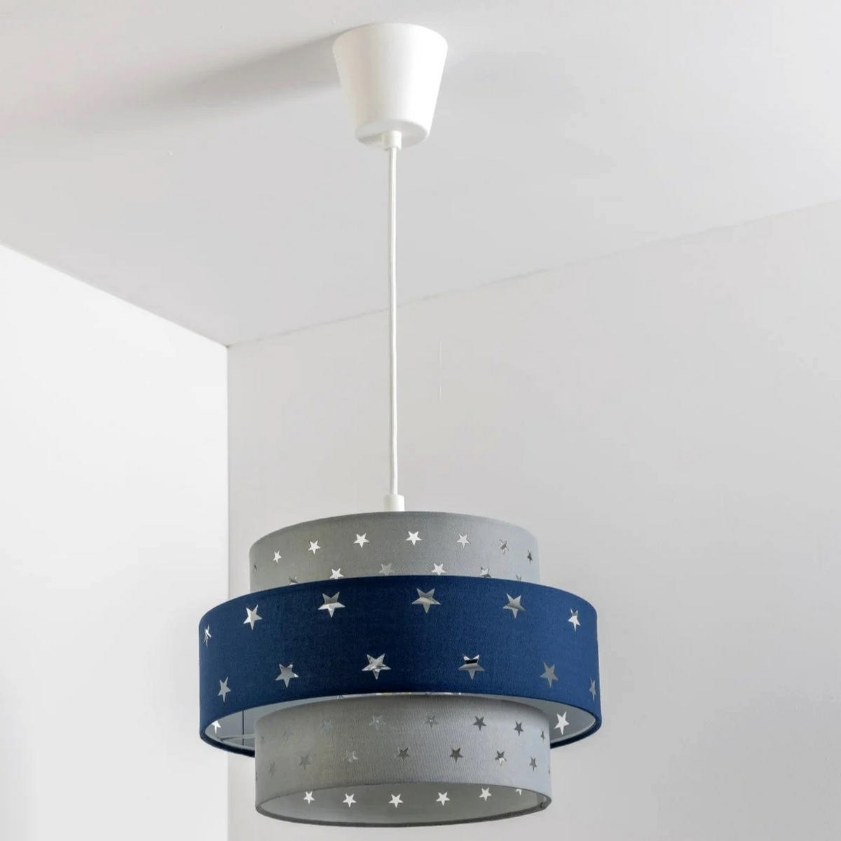 LAMPENSCHIRM STARLIGHT Grau & Marineblau Star Zweistöckig Easy Fit - Dunkelblau, Textil (30/30/19cm) - CGC Europe