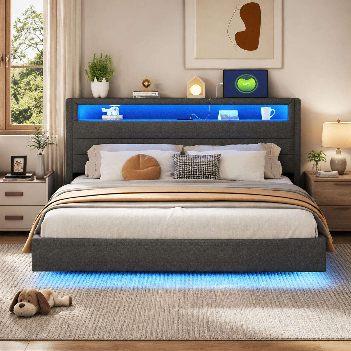 POLSTERBETT 160/200 mit LED, USB-Steckdose und Stauraum im Kopfteil in Grau - Grau, Holzwerkstoff/Textil (160/200cm) - EVRYAE