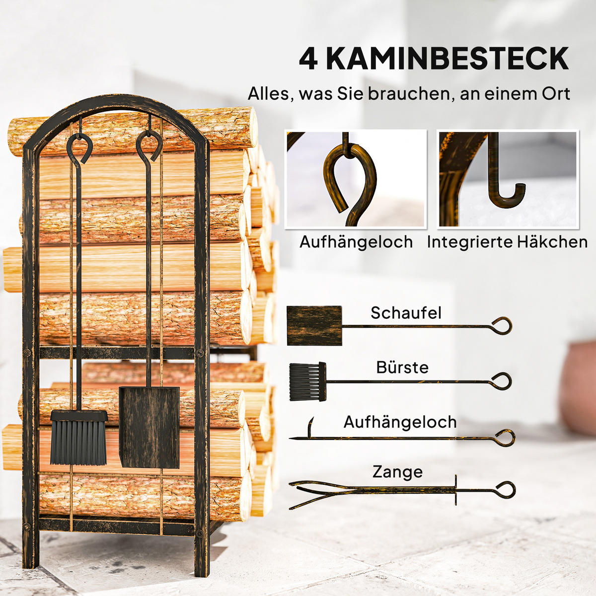 KAMINHOLZREGAL für innen 43 x 30 x 74cm 2 Ebenen Brennholzregal mit 4 Haken - Dunkelbraun, Metall (30/74/43cm) - Outsunny