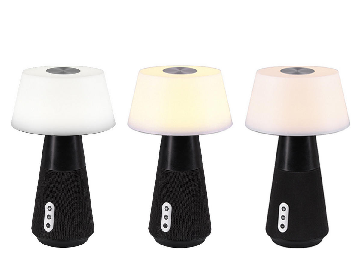 AKKU-TISCHLEUCHTE Touch dimmbar, Lautsprecher, Höhe 28cm, kabellos USB aufladbar - Schwarz/Weiß, Kunststoff (17/17/28cm) - meineWunschleuchte