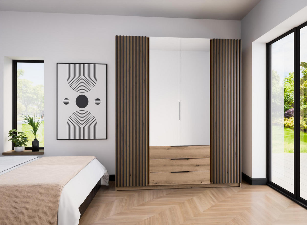 KLEIDERSCHRANK Nehir Korpus Eiche Evoke, Front Eiche Evoke/Schwarz 200 cm - 4T3S Modern mit Schubladen, Lamellentüren außen und Spiegeln mittig - Eichefarben, Holzwerkstoff/Kunststoff (200/239/61.9cm) - AX Living
