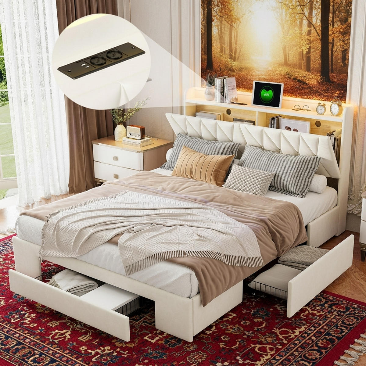 STAURAUMBETT 140/200 cm, mit 3 Schubladen, LED, USB-Ladeanschluss, Lattenrost, Beige - Beige, Holzwerkstoff (140/200cm) - Brevoria