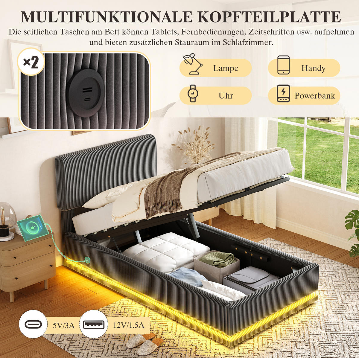 POLSTERBETT mit LED, USB-C und Stauraum 90x200 cm Cord Dunkelgrau - Dunkelgrau, Metall (90/200cm) - Meubliv