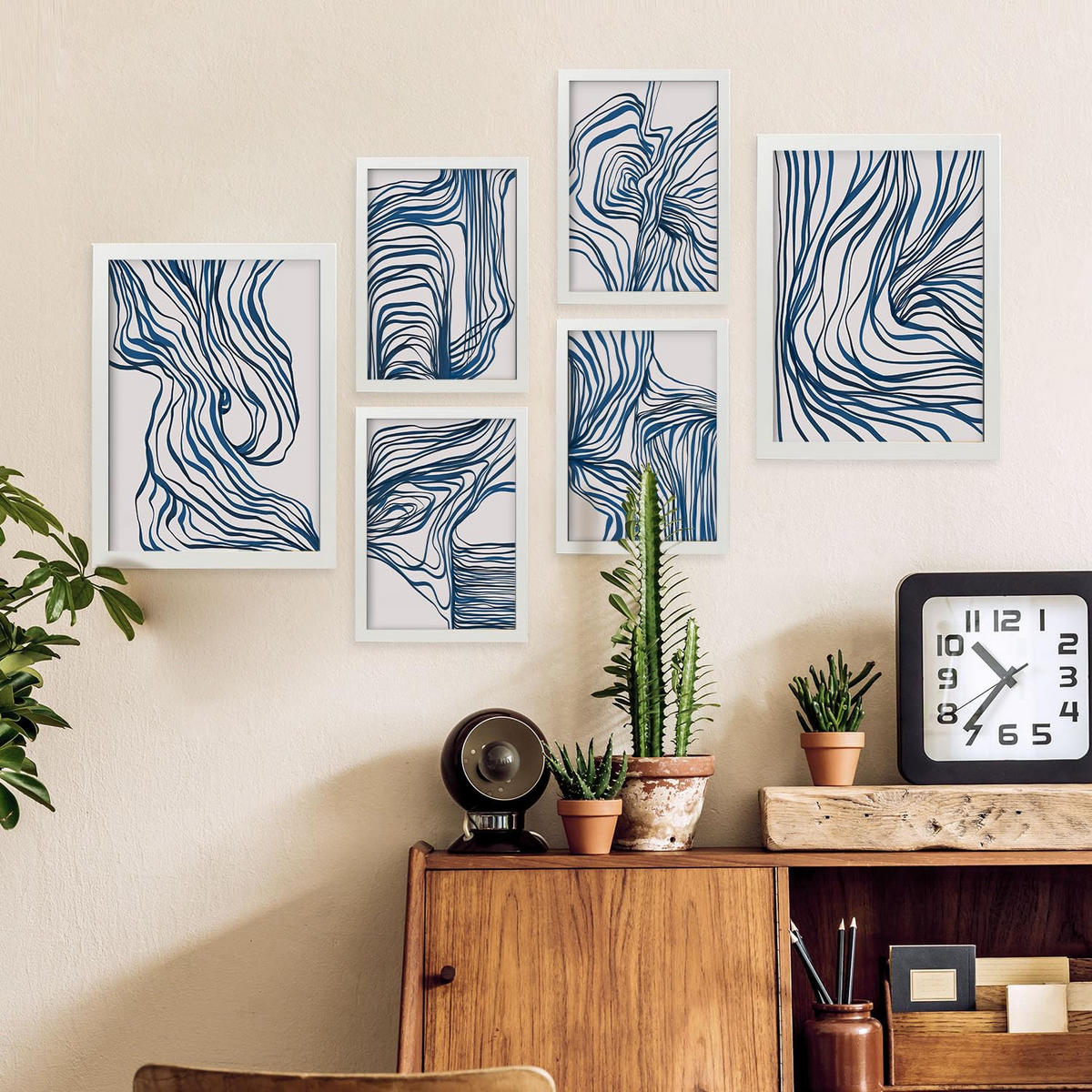 POSTER Set Mit 6 Bezaubernde Schnur In Form Abstracts Ästhetische Dekorative Gemälde Für Ihr Wohnzimmer, Schlafzimmer, Zuhause A3 & A4 Weißer Rahmen - Weiß, Papier (29/3cm) - Nacnic