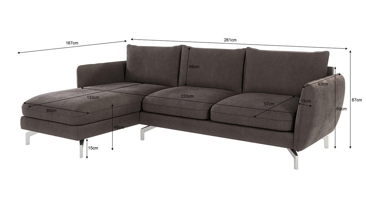 ECKSOFA Elou Braun - Khaki Microfaser - Chromfarben/Dunkelbraun, Holz/Textil (261/167cm) - S-Style Möbel