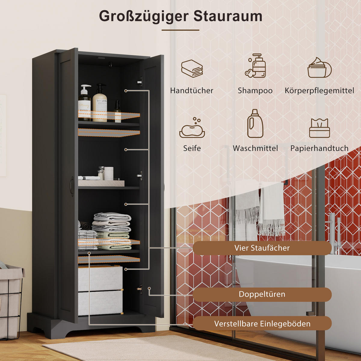 HOCHSCHRANK 56/40/170 cm Schwarz mit Doppeltüren und 4 Ablageflächen - Schwarz, Holz/Holzwerkstoff (40/170/56cm) - Oxeza