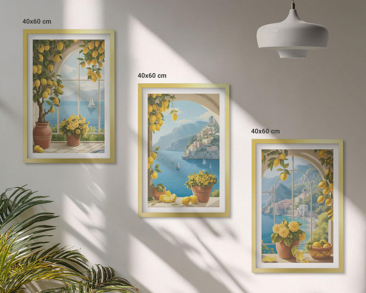 BILDER SET 3er Set - 40x60 cm Goldrahmen - Meereslandschaften, Zitronen, Fenster - Goldfarben, Kunststoff (40/60cm) - TULUP