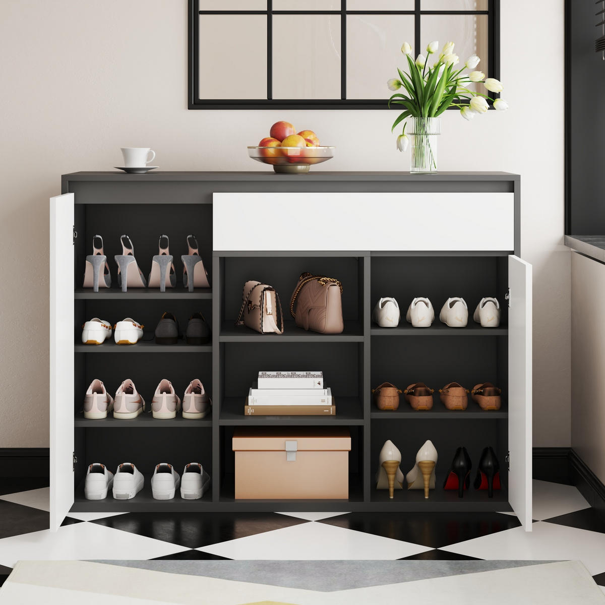 SCHUHSCHRANK 2 Türen 1 Schublade LED Schwarz Weiß Stauraum - Schwarz, Holzwerkstoff (39.5/86/105cm) - FLIEKS