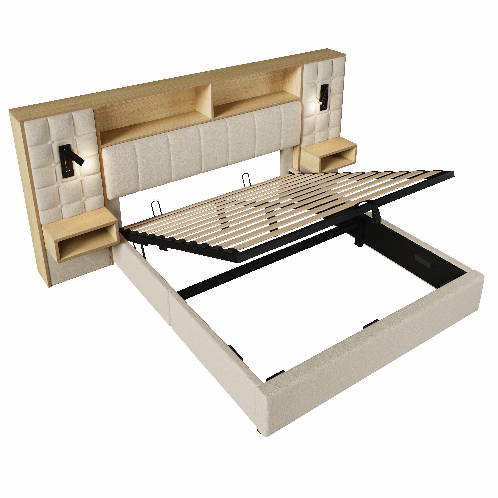 POLSTERBETT 160/200 cm Beige mit LED, 2 Leselampen und 2 integrierte Nachttische - Beige, Textil (160/200cm) - Oxeza