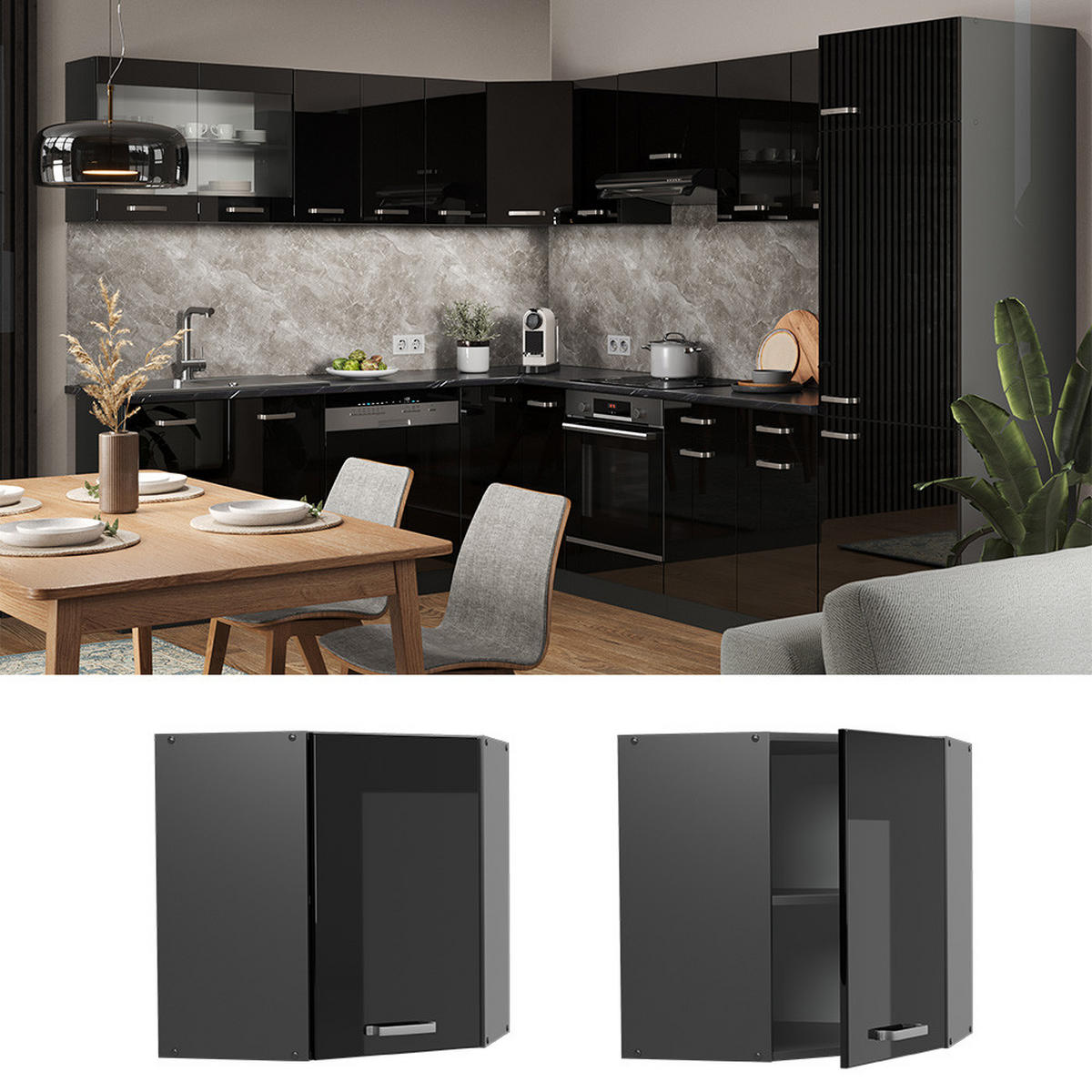 ECKHÄNGESCHRANK HÄNGESCHRAN R-Line Schwarz Hochglanz 57 cm - Schwarz Hochglanz/Anthrazit, Holzwerkstoff (57/60/34.1cm) - Vicco