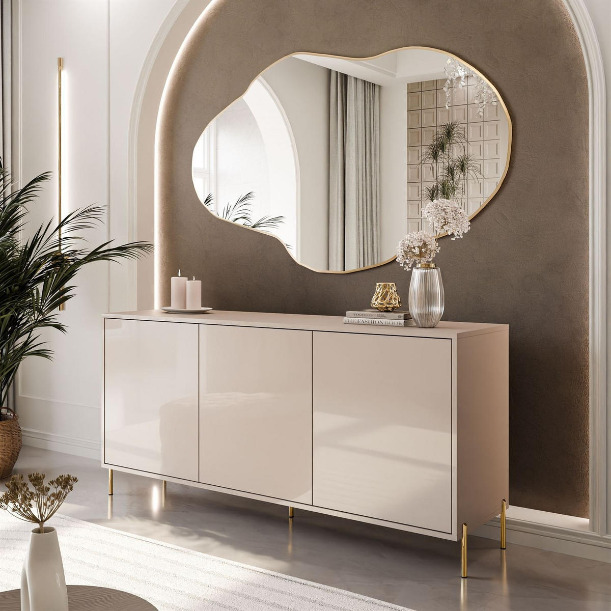 KOMMODE SANAYI Kaschmir Hochglanz – gerade goldene Beine - Kaschmir/Goldfarben, Holzwerkstoff (154/78/40cm) - Lookway