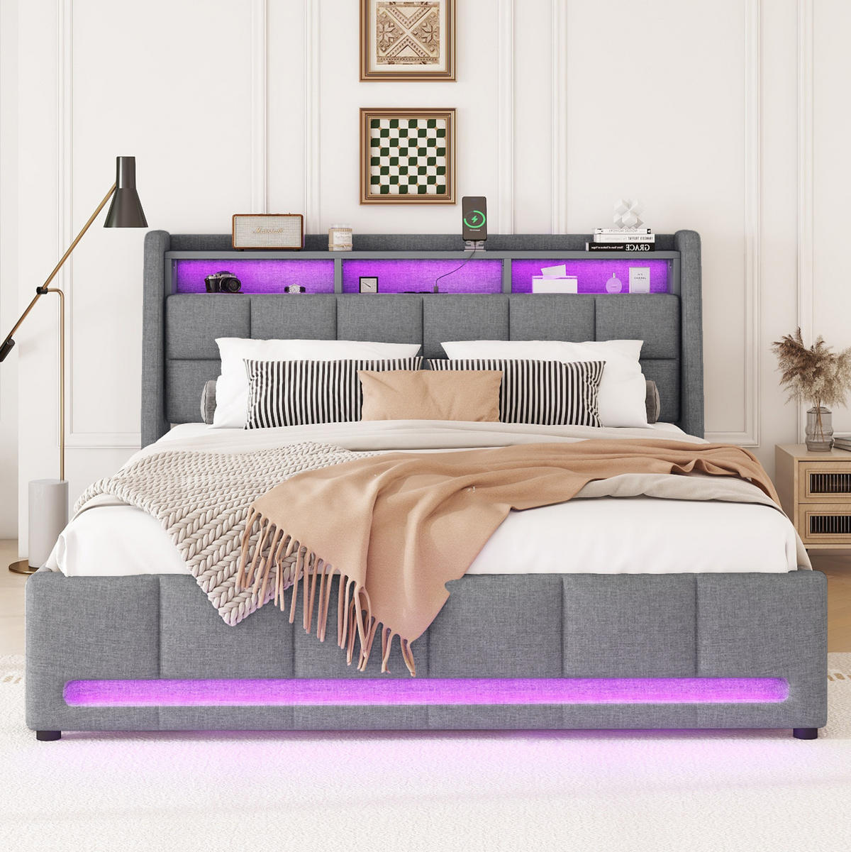 POLSTERBETT mit LED, USB und 2 Schubladen 140x200 cm Leinen Grau - Grau, Holz (140/200cm) - Meubliv
