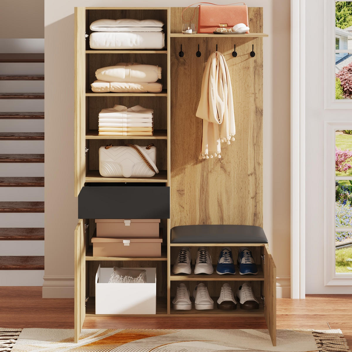 DIELENGARDEROBE mit Spiegel und Schuhablage 98,5/38/191 cm in Schwarz/Natur - Schwarz, Holzwerkstoff (98.5/191/38cm) - BEAOK