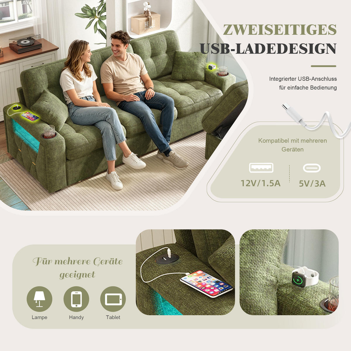 BIGSOFA mit Stauraum-Hocker, USB-C, LED und Getränkehaltern aus Chenille - Grün, Textil (194.5/83/133cm) - EVRYAE