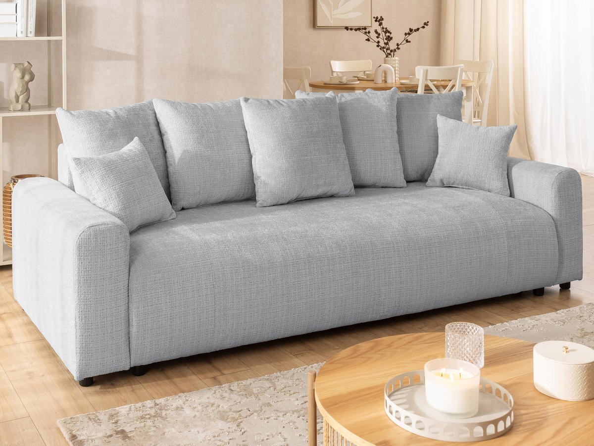 SCHLAFSOFA Calma mit Bettkasten im Bumpy-Design aus weichem Hellgrau Chenille-Stoff - Hellgrau/Schwarz, Holz/Kunststoff (239/88/98cm) - S-Style Möbel