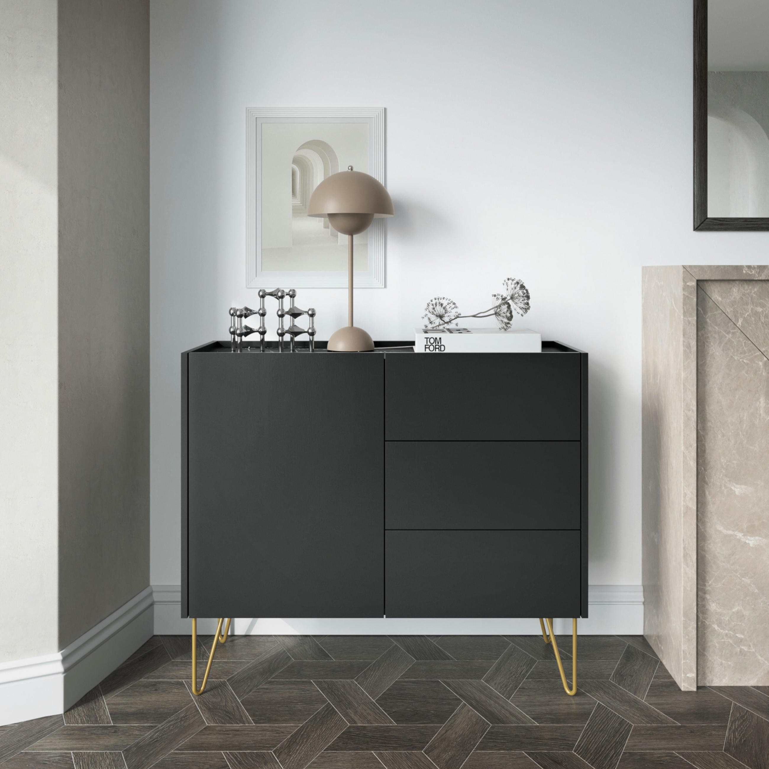 Thumbnail - Komodee Sideboard, Schwarz, Grau, Glas, Holzwerkstoff, 1 Fächer, 3 Schubladen, 97x83x37 cm, Wohnzimmer, Kommoden & Sideb...