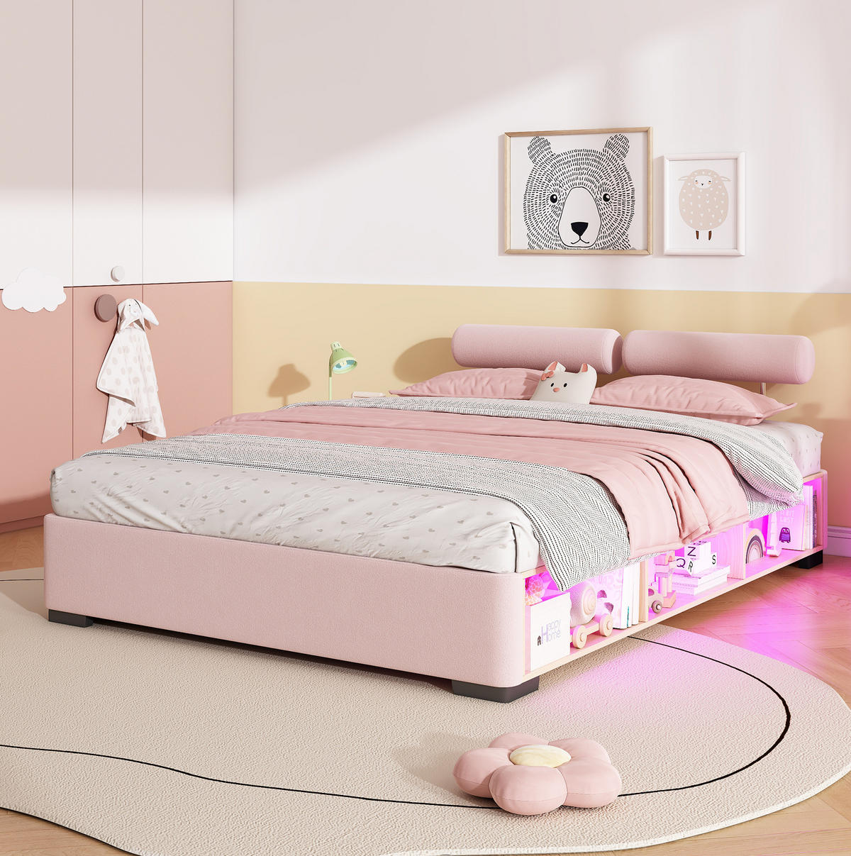 KINDER-POLSTERBETT 140x200 cm in Rosa mit LED-Seitenregal und offenem Stauraum - Pink, Textil (140/200cm) - IVMEU