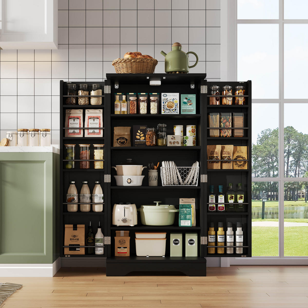 MODERNER Hochschrank aus MDF mit 3D-Wellentüren, LED-Sensorlicht und verstellbaren Regalböden, 120/60/40 cm, Schwarz - Schwarz, Holzwerkstoff (60/120/40cm) - Redom