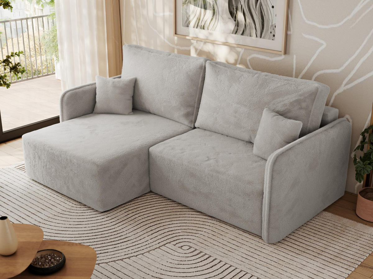 ECKSCHLAFSOFA MESTO L Hellgrau Plüsch - links - Hellgrau/Schwarz, Kunststoff/Textil (227/147cm) - MKS