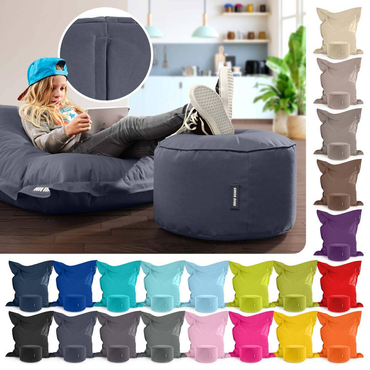 XXL-SITZSACK + Pouf 2er Set - 140x180cm - Dunkelgrau, Textil (140/25/180cm) - Green Bean