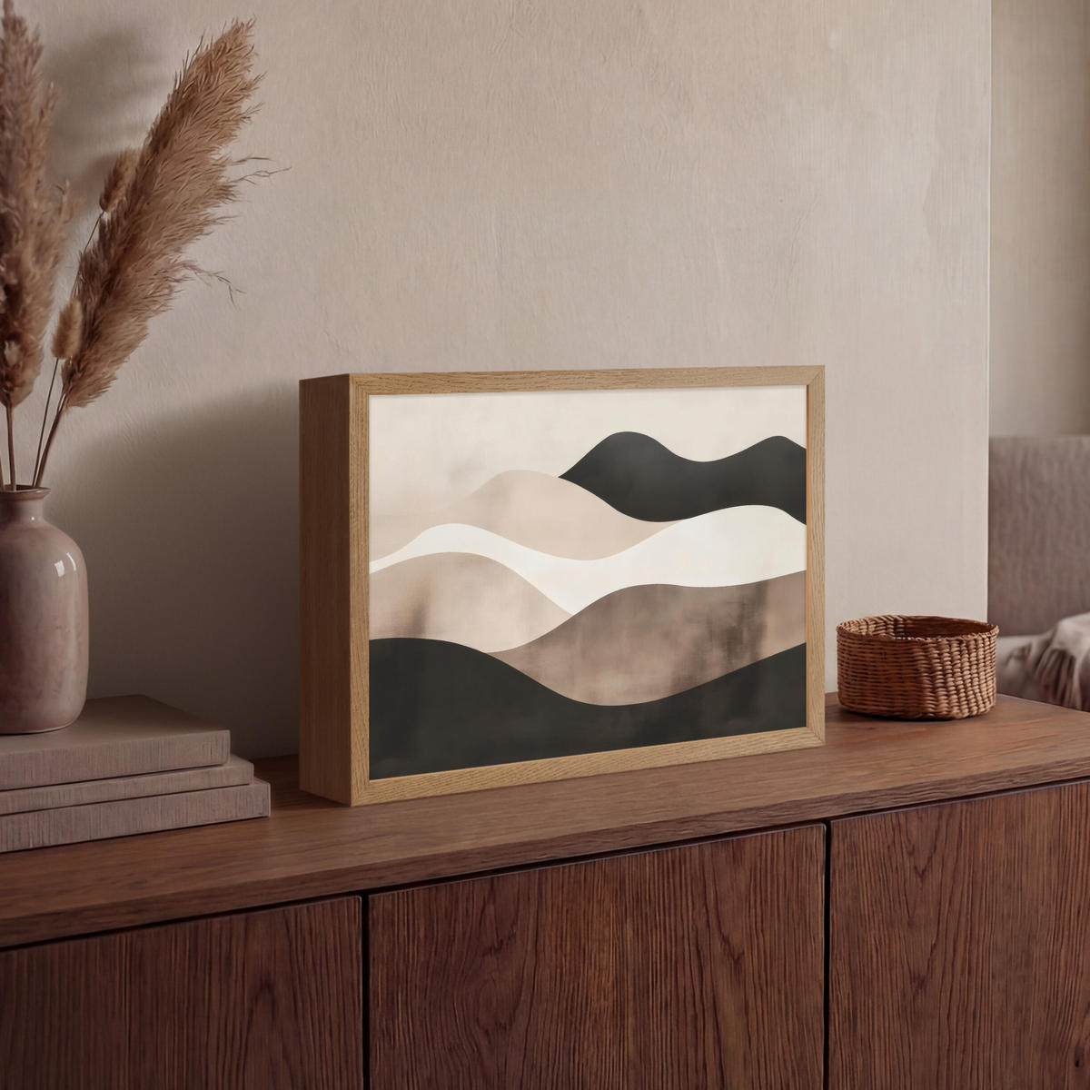 NÁSTĚNNÁ LAMPA S AKUMULÁTOREM Abstraktní - Krajina - Vlny - Krémová barva 40x30 cm - šedohnědá, kompozitní dřevo (40/30/8cm) - OnlyWow
