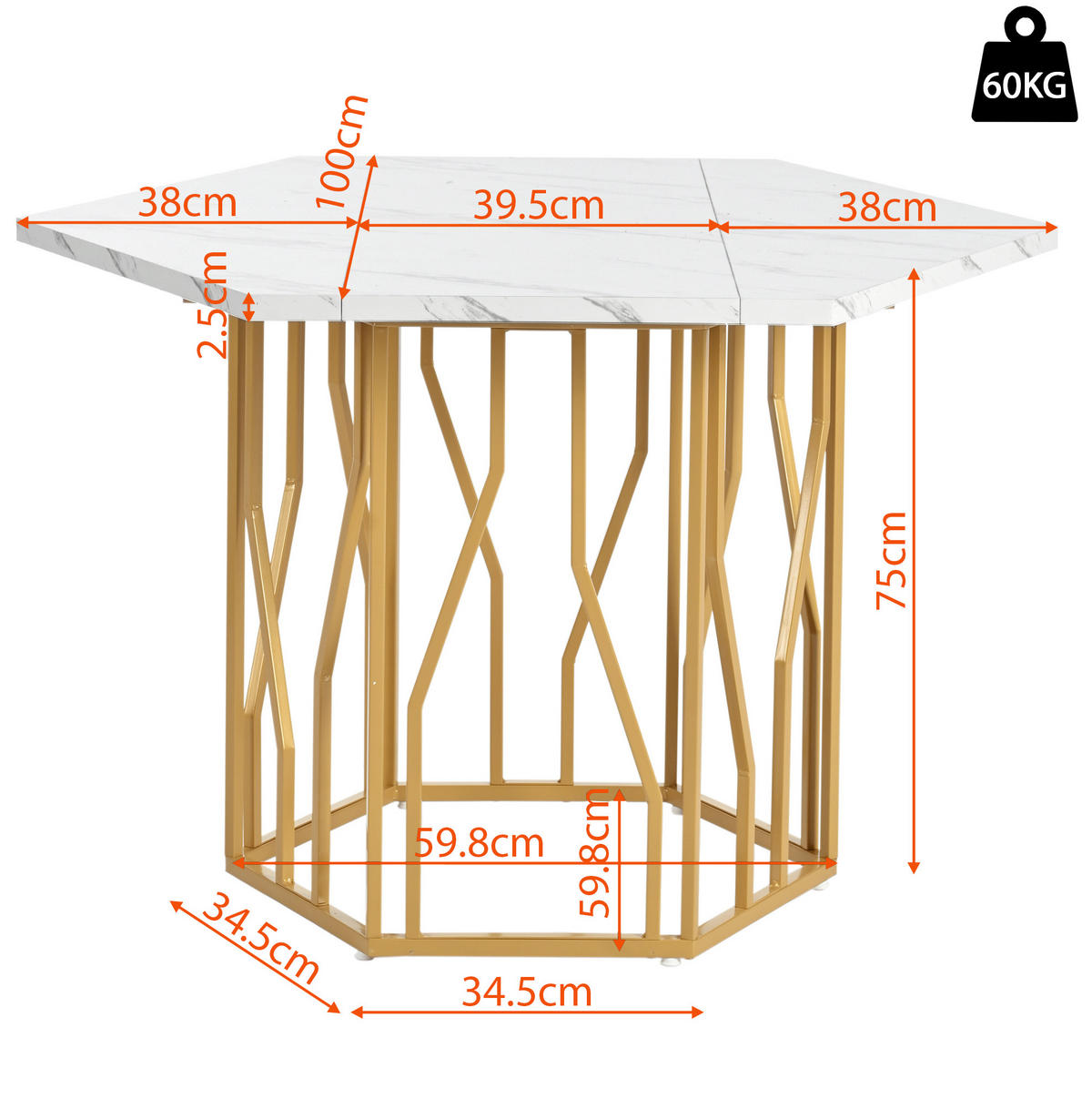 ESSTISCH 115,5/100/75 cm in Marmoroptik mit goldenem Metallgestell - Weiß, Holzwerkstoff (100/115.5/75cm) - BEAOK