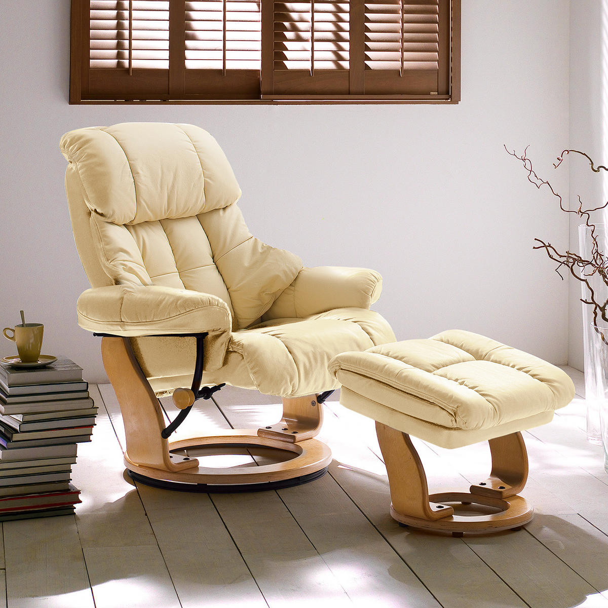 RELAXSESSEL - 2-teilig - Holzwerkstoff / Echtleder / Kunstleder - Creme, Leder/Birkenholz (90/104/91cm) - home24